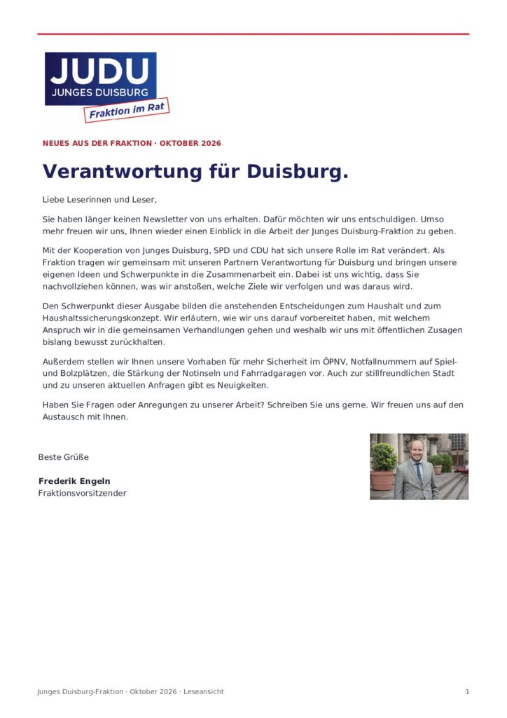 Titelseite des JUDU-Fraktionsnewsletters Oktober 2026