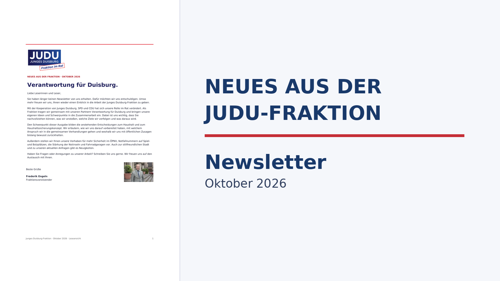 Newsletter Oktober 2026 der Junges Duisburg-Fraktion mit Titelseite