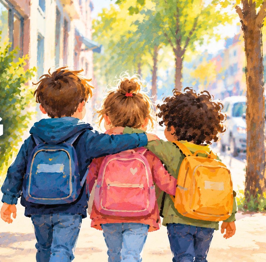 Gemalte Illustration von drei Kindern mit Rucksäcken, die gemeinsam einen begrünten Stadtweg entlanggehen.