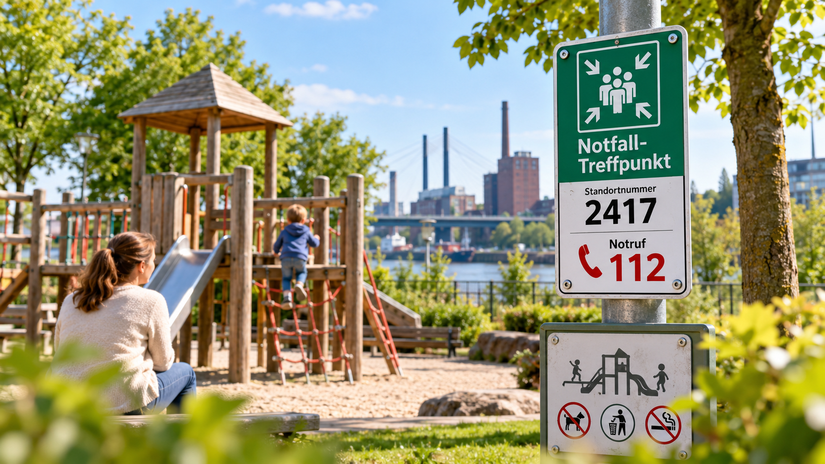 Symbolbild: Spielplatz mit fiktiver Notfall-Standortnummer und Notrufnummer 112